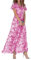 shownicer Femme Robe Chic Longue Col V à Fleur Imprimé Manches Courtes en Chiffon Robe de Plage D'été Casual Plissée Maxi Robes De Soie A Rose XL