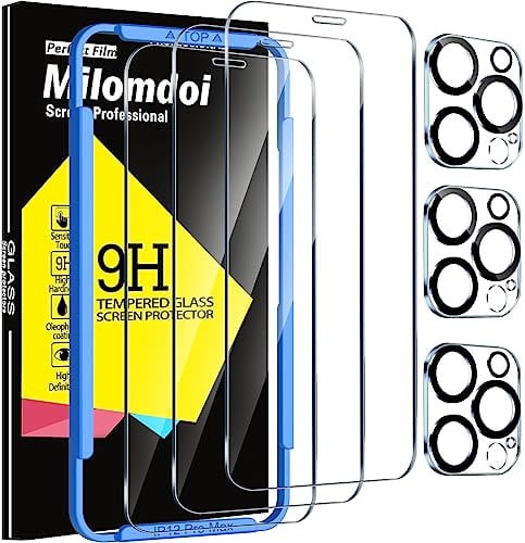 Milomdoi 3 Pack Screen Protector for Apple iPhone 12 Pro Max with 3 Pack Tempered Glass Camera Lens Protector, Ultra 9H Accessories, Case Friendly, Mounting Frame, 2.5D Curved, Transparent