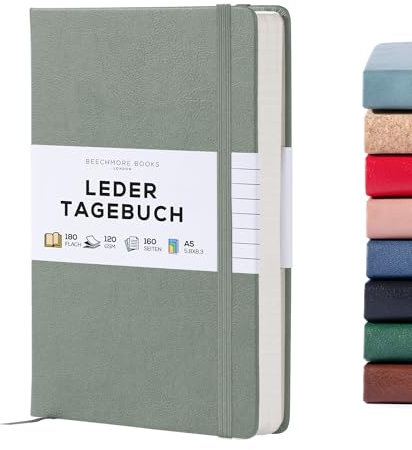 Beechmore Books Notizbuch liniert - A5, Olive Green I Premium Hardcover Journal Buch aus veganem Leder, 120gsm creme Papier, inkl Journalisten, Meetings & Studenten