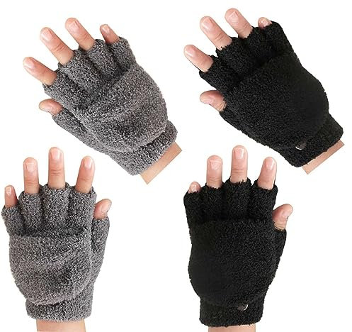 SUNTRADE Warme fingerlose Handschuhe für Damen und Herren, Winter-Fäustlinge mit Flip-Top-Abdeckung, gestrickte Wollhandschuhe, 2 Stück, Schwarz + Grau, 38