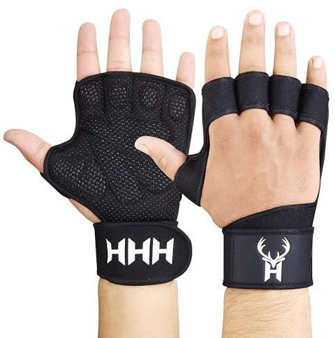 HHH Gym Gloves Weight Lifting Gym Gel padded Gloves strap wrist Body Building (M)
