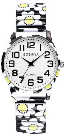 JewelryWe Uhren Damen Elastisch Edelstahl: Analog Quarz Armbanduhr Frauen Böhmische Blumendruck Edelstahl Stretch-Armband Uhr mit Ultraklar großen arabischen Zahlen Zifferblatt Schwarz Weiß