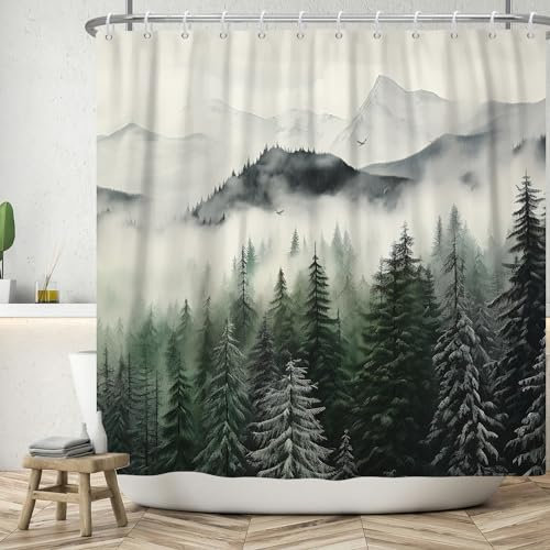 ASDCXZ Rideau de Douche Forêt 180x180 cm, Paysage Naturel Brouillard Vert Forêt Jungle Neige Montagne Oiseaux Lavables Textile Rideau de Bain imperméable pour Baignoire avec 12 Crochets