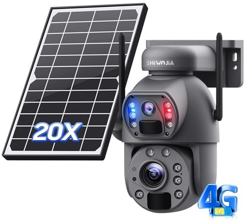 SHIWOJIA 4G Dual Solar Lens Camera, 2K 6MP Outdoor Wireless Solar Camera, 20x Optical Zoom, 50m IR Night Vision, Sound and Light Alarm, Red and Blue, Metal Shell