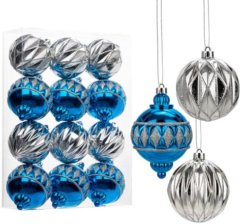 Hollyone 12PCS Silver-edged Christmas Baubles, 8CM/3.1’’ Blue Xmas Balls for Tree Decorations, Glitter Christmas Balls Holiday Hanging Ornaments, Tree Balls for Wedding, Party, Table