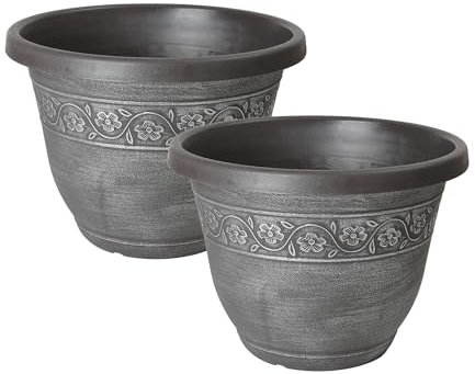 My Garden Plant Flower Pot Set of 2 Indoor & Outdoor 30CM Plastic Plant Pots With Drainage Holes Lightweight Easy To Move Plant Pots Garden Decoration Herb Orchid Planting Pot (Antique Silver Effect)