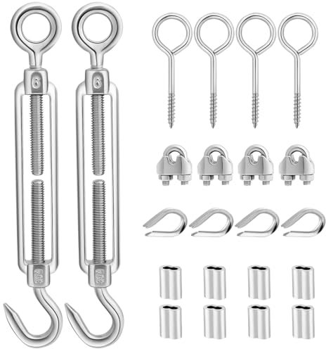 TooTaci 3mm Drahtseil Seilspanner Set, M6 Seilspanner Edelstahl Set, 2 Stück Spannschlösser Haken und Öse, 4 Stück Ösenschraube, M3 Seilklemmen, Spannhaken für Gartendraht, Zaunspanner, Hängen