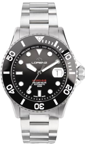 Lorenz Hydro-Sub 090011AA Automatik-Herrenuhr mit Edelstahl-Armband, 500 Meter, inklusive Gummi-Armband, Schwarz , Modern
