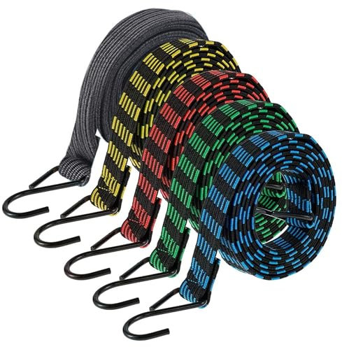 Bungee Cords with Hooks, 5PCS Bungee Cords with Hooks Heavy Duty, 2M Luggage Bungee Straps Anti-slip Flat Elasticity Rubber Straps for Luggage Camping Roof Racks Moving Cargo