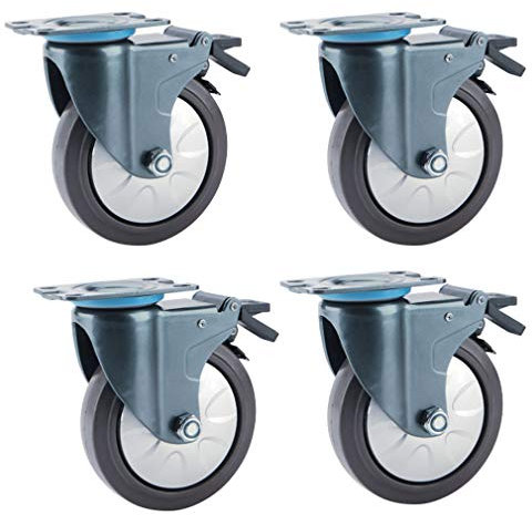 Lenkrollen, Räder, Metallplatten-Lenkrollen, 4er-Set, Gummibasis, Trolley-Lenkrolle, sichere Doppelverriegelung, geräuschloses Rad, mit oberer Platte und Lager, robust (4 Zoll/100 mm, Bremse)(Brake,4i