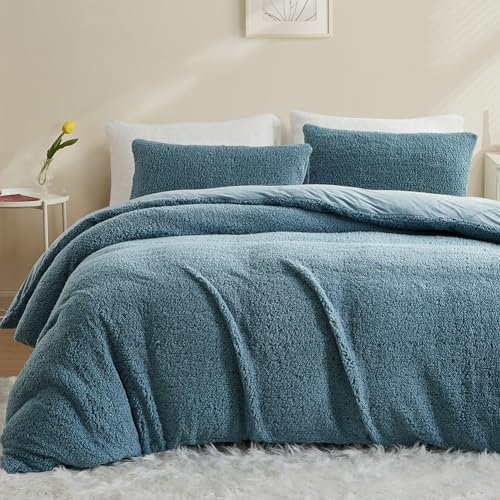 AShanlan Winter Feece Bettwäsche 135x200cm Super Warme Sherpa Bettbezug Flauschig Cashmere Touch Deckenbezug mit Reißverschluss und Kissenbezug 80x80 cm Petrol Blau
