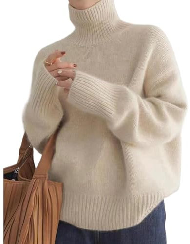 MAOAEAD Cashmere High Neck Sweater, Warm Knitted Cashmere Jumpers Ladies Cozy Soft Turtleneck Sweaters Oversized Tops for Women (Beige,L(50-55kg))
