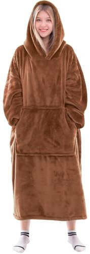 Waitu Tragbare Decke, Sweatshirt, Geschenke für Damen und Herren, warme und gemütliche riesige Decke, Kapuzenpullover, dicke Flanelldecke mit Ärmeln und riesiger Tasche, Kamel