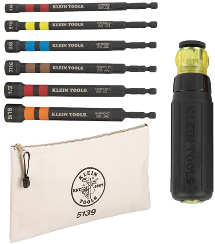 Klein Tools 80182 Ratcheting Impact-Rated Hollow Power Nut Driver Set with Handle, Magnetic, 6 SAE Hex Sizes Plus Zipper Canvas Tool Bag, 12.5 x 7 x 0.7-Inch 8-Piece