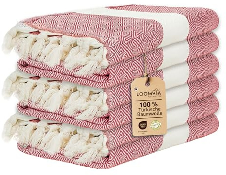 Loomvia | 6er Pack | Hamamtuch groß 100x180 aus 100% Baumwolle – Strandtuch, Saunatuch, Badetuch, Saunahandtuch | Saugstark & leicht | Saunatuch Damen & Herren für Strand, Sauna, Bad | Rot
