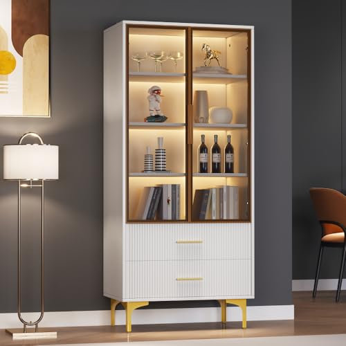 Vitrine élégante en Verre avec Deux Portes - 70 * 35 * 150cm - Portes en Verre, Pieds dorés, étagères Mobiles, vitrine avec lumière LED, Armoire, vitrine en Verre, Armoire Haute, vitrine sur Pied