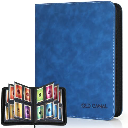 Old Canal Top Loader Binder, 4 Taschen Sammelkarten Album für 112 Top Loader, Tragbar Reißverschluss Karten Binders, Sammelkarten Ordner für MTG, TCG, Sport-Karten, Saphirblau (NUR FÜR TOP LOADER)