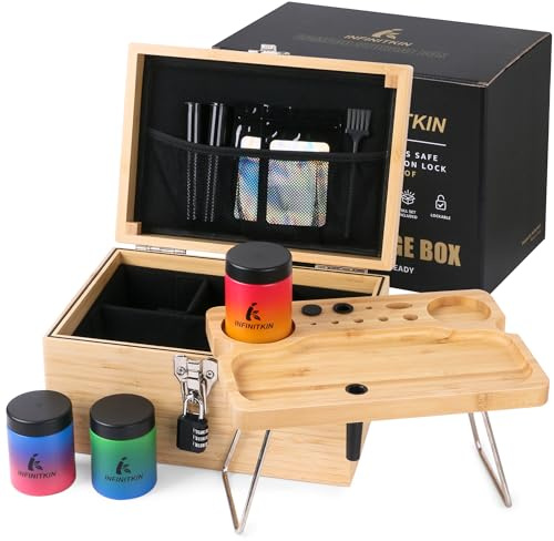 INFINITKIN Große Aufbewahrungsbox aus Bambus mit Zahlenschloss, faltbarem Tablett und Farbverlaufsglas – geruchsdichte Holzbox, perfekt für Reisen oder als Geschenk zu Hause