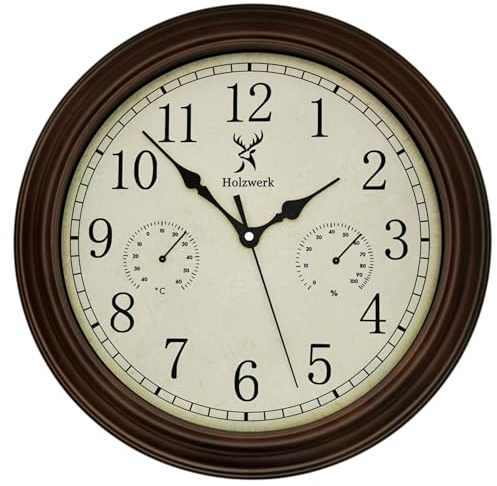Holzwerk - Orologio da parete vintage retrò con indicatore di temperatura e igrometro Umidità, termometro, movimento in legno, quasi silenzioso, in legno massiccio, 14 pollici, 35 cm