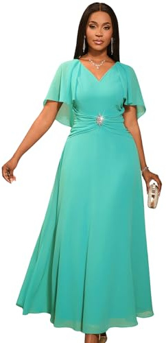 AOMEI Ladies Summer Maxi Wedding Guest Dresses Chiffon Cape Sleeve Rhinestone Ruched A Line Formal Bridesmaid Dress