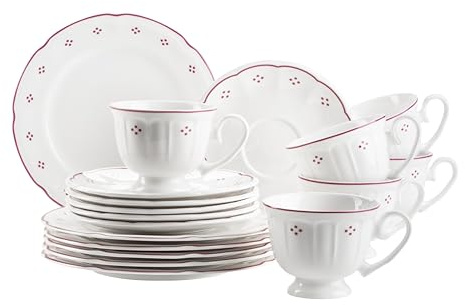 Mäser Serie Lova, Kaffeeservice 18-teilig Porzellan – 6 Dessertteller 19,5 cm, 6 Tassen 19 cl & 6 Untertassen 15,5 cm, Rot