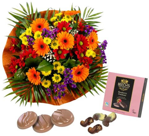 Autumn Burn Bouquet Fresh Flowers Orange Gerberas, | Yellow Red Chrysanthemums Bright Arrangement Gift Chocolate (Chocolats)