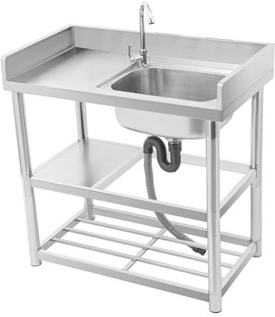 JAYEUW Freistehend Küchenspüle Edelstahl Spülbecken mit Unterschrank 360° Drehbar Wasserhahn&Ablage bis 150kg 90*50*80cm Mobiler Spültisch für Outdoorküche, Gastro und Camping (Rechtes Waschbecken)