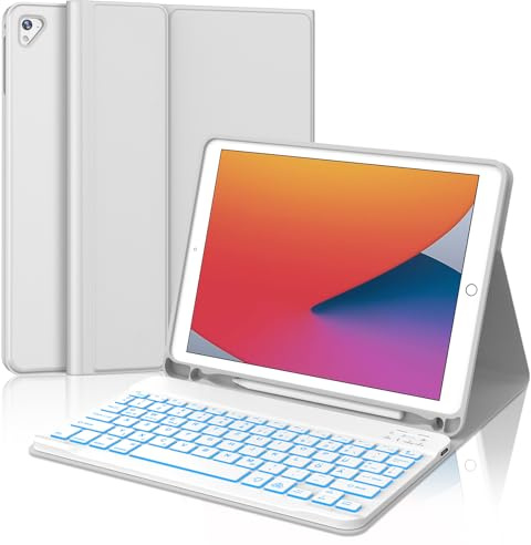 JADEMALL Hülle mit Tastatur für iPad 6. Generation, QWERTZ Tastatur mit 7-Farben-Beleuchtung – Kein Trackpad, Kompatibel mit iPad 9.7 (2018/2017) A1822/A1893 und Air 2/1, Bluetooth, Steingrau