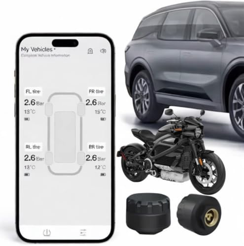 Universal Bluetooth 5.0 TPMS for Motorcycle & Car - Wireless Tyre Pressure Monitoring System with 2 External Sensors | Real-Time App Alerts for iOS & Android | IP67 Waterproof, Anti-Theft, DIY Install
