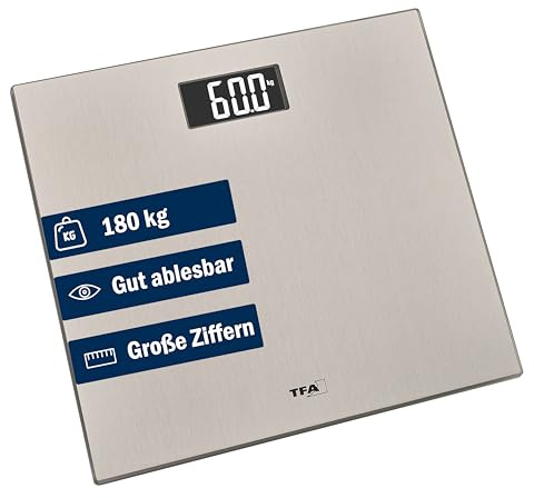 TFA Dostmann Personen Digitalwage Step Steel mit invertierter Anzeige, 50.1016, flache Personenwaage mit Edelstahl Fläche, Waage bis 180kg, Auto-On-Off, große Trittfläche, silber