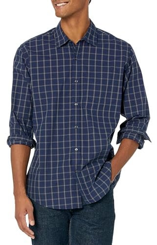 Amazon Essentials Men's Regular-Fit Long-Sleeve Casual Poplin Shirt, Navy Windowpane, L