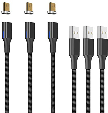 NetDot Gen10 Cavo di Ricarica Magnetica Intrecciato in Nylon Micro USB con LED Laterale Compatibile con Dispositivo Android (1m/3 pack nero)