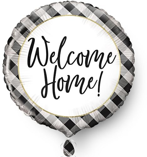 Unique Party 53883 - Willkommen Zuhauseballon - 45 cm - Schwarzes Gingham-Design