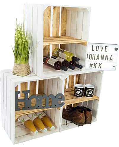 3er Set Holzkisten Paula weiss mit geflammten Boden ca. 50x40x30cm Johanna Aufbewahrungsbox Aufbewahrungskiste Regalkiste Apfelkisten Weinkisten Schuhregal Bücherregal (3er set Paula geflammt Quer)