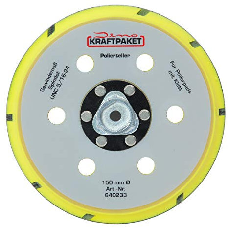 Dino KRAFTPAKET 640233 150mm-Stützteller-M8 mit Klett Polierteller für Exzenter Poliermaschine 950W-21/15mm, 900W-21/15/9mm Hub, Gelb
