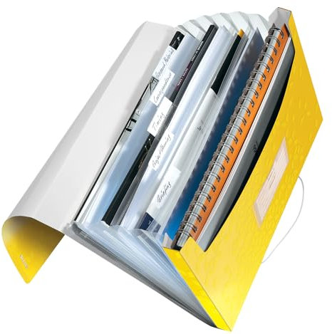 Leitz A4 Projektmappe für bis zu 200 Blatt, 6 Fächer mit Taben zur Ordnung des Inhalts, Gummibandverschluss, Gelb WOW, 45890016