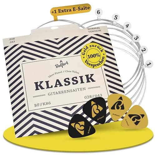 BELFORT® Gitarrensaiten Konzertgitarre, Saiten für klassische Gitarre aus Nylon und Silber, Akustikgitarre (6-Saiten Set) - Inkl. 4 Plektren + extra hoher E-Saite