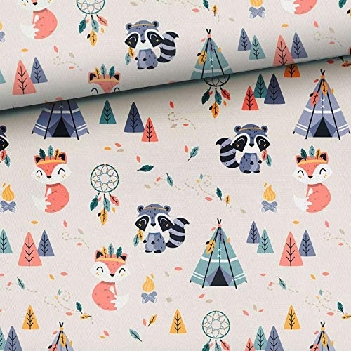 Stoffe zum Nähen, für Kinder, 100% Baumwolle, keine Meterware: 1m Premium Baumwollstoff mit Waldtiere Fuchs Waschbär Indianer - Jungen Stoffe mit Tiere mit Wald/Waldtiere - blau mint orange gelb grau