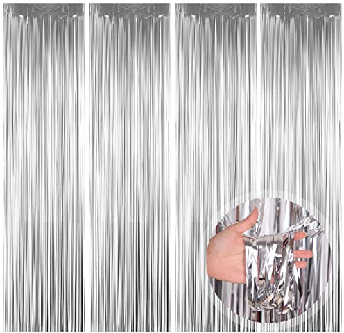 Silvester Lametta Vorhänge Silber, 4 Stück Metallische Glitzervorhang Fringe, Glitzer Tinsel Curtain, Folienfransen Vorhang für Weihnachtsbaum Geburtstage Festivals Party Bühnendekor