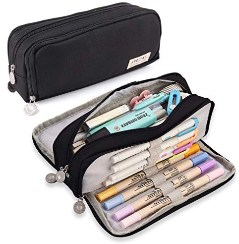 iSuperb Großes Federmäppchen mit 3 Fächern, großes Fassungsvermögen, Oxford-Schreibwaren, Aufbewahrung, Stifttasche, Kosmetik, Make-up-Tasche für Frauen, Schwarz, Modern