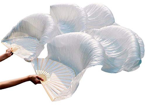 Leemiman Women 1.8 m Long Belly Dance 100% Silk Bamboo Fan Veils 1 Pair(L+R) (White)