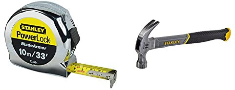 STANLEY Powerlock Tape with Blade Armor, 10m/30ft & STHT0-51309 16oz Fiberglass Curved Claw Hammer, 450g