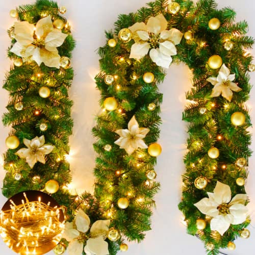 270cm weihnachtsgirlande aussen mit Beleuchtung Weihnachtsdekoration Weihnachtsgirlande beleuchtet LED-Schnur beleuchtet Weihnachtstürdekor Weihnachtsgirlande Tannengirlande Lichterkette (Gold)