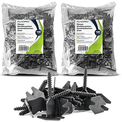RENOPAX Fliesen Nivelliersystem für Profis und Laien - Fliesenverlegehilfe 2mm Fugen - Fliesenverlegesystem - Fliesenleger Set für 6-16mm Fliesen (400x Gewindelaschen)