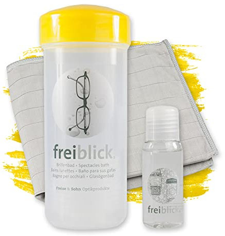 Freiblick Brillenbad (Gelb) im Set mit 50ml Spezialreiniger und Mikrofasertuch | Brillenputztuch in Optiker Qualität | Brillenreinigung für jede Brille