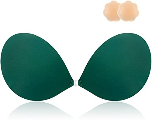 Niidor Adhesive Bra Invisible Sticky Strapless Push up Reusable Macaron Bra for Backless Dress with Nipple Covers, Dark Green, B