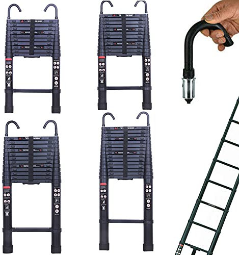 5 m Teleskopleiter aus Aluminium mit abnehmbaren Haken und rutschfesten Füßen, EN131, Tragfähigkeit 150 kg, zusammengeklappte Höhe 98 cm, tragbare Klappleiter, schwarz