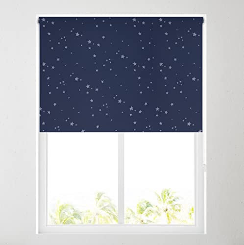 Barnes Blinds - Children's Blackout Roller Blinds for Windows, Custom Cut to Size - Black Out Thermal Fabric Durable Fittings Easy Fit - Roller Blind Patterned - Kids (GLO Stars Navy 61cm)