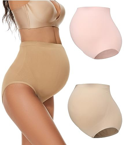 KUNINDOME Ropa interior de maternidad sobre el vientre, bragas de maternidad sin costuras, talla grande, paquete múltiple, Paquete de 2. Nude + Pink, XXL