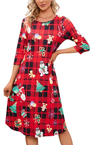 MISSKY Damen Pullover Pocket Loose Swing Freizeitkleid, Red and Black Plaid, Klein